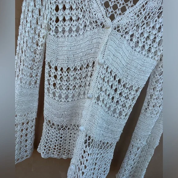 Crochet Cream Cardigan feminine top Small Med - Picture 3 of 11